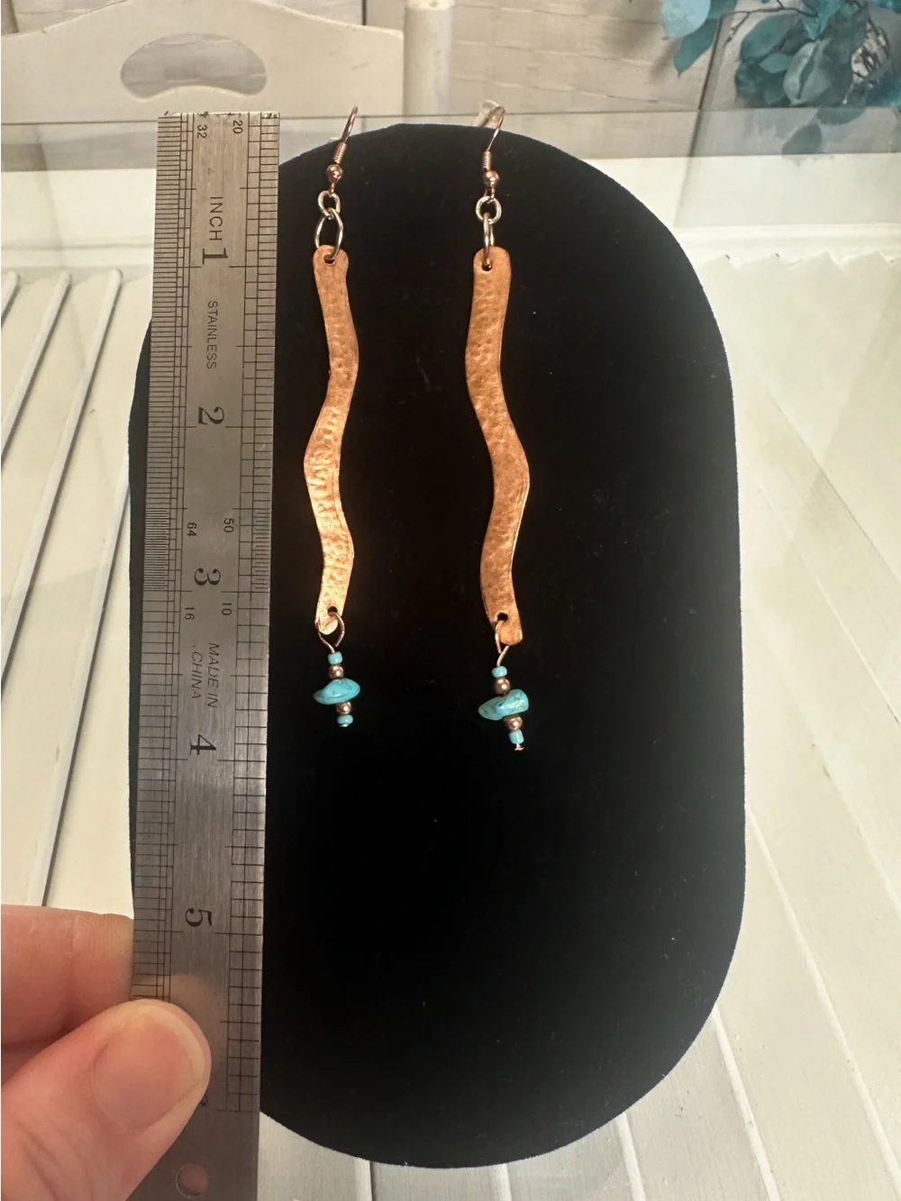 Handcrafted Copper Wave Earrings with Turquoise Beads - Women Jewelry